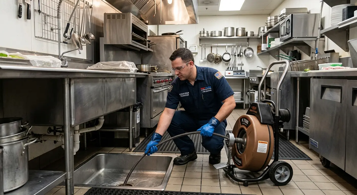 Commercial drain cleaning service in a restaurant kitchen in St. Gabriel