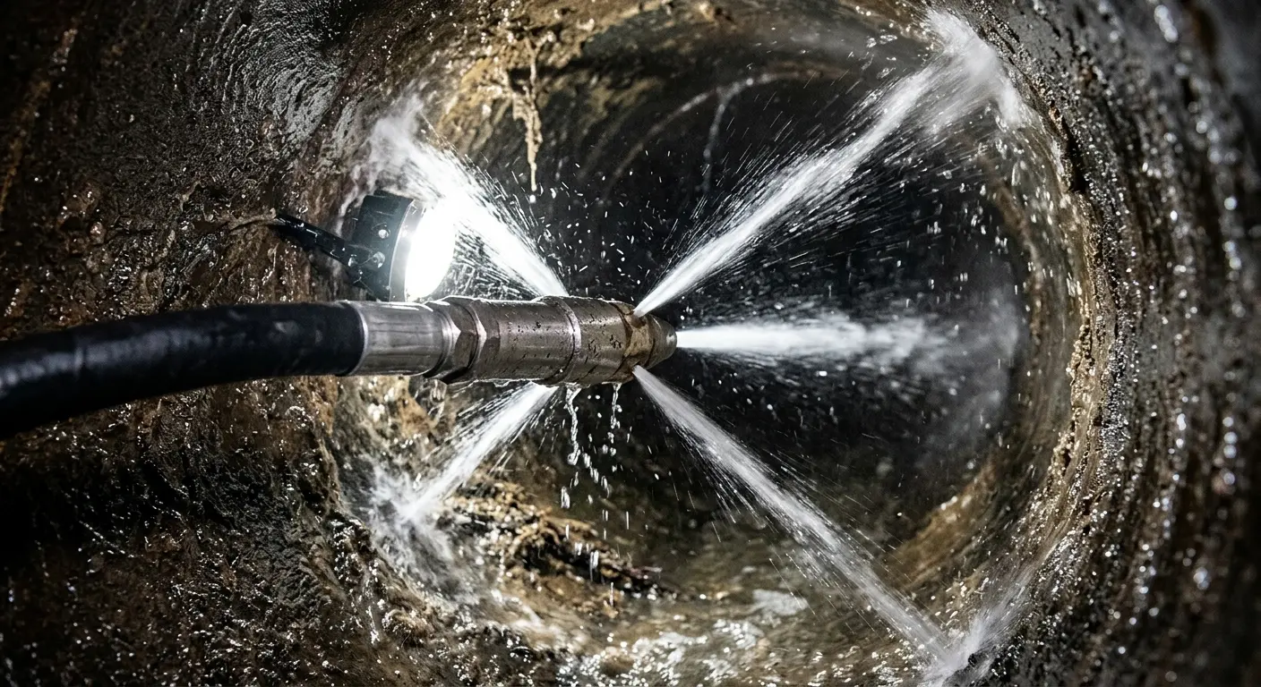 High-pressure hydro jetting nozzle cleaning sewer pipe for Sewer Line Relining in St. Gabriel