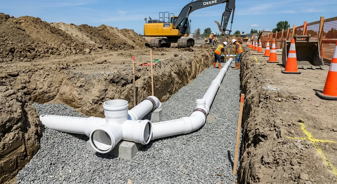 New PVC sewer pipe installation in open trench for Sewer Backup in St. Gabriel