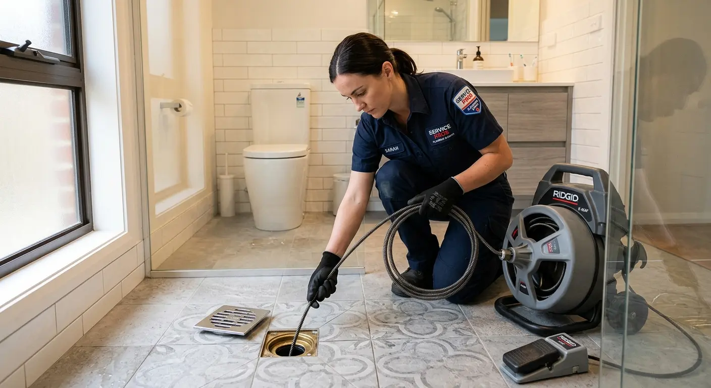 Technician clearing a bathroom floor drain for Sewer Line Replacement in St. Gabriel